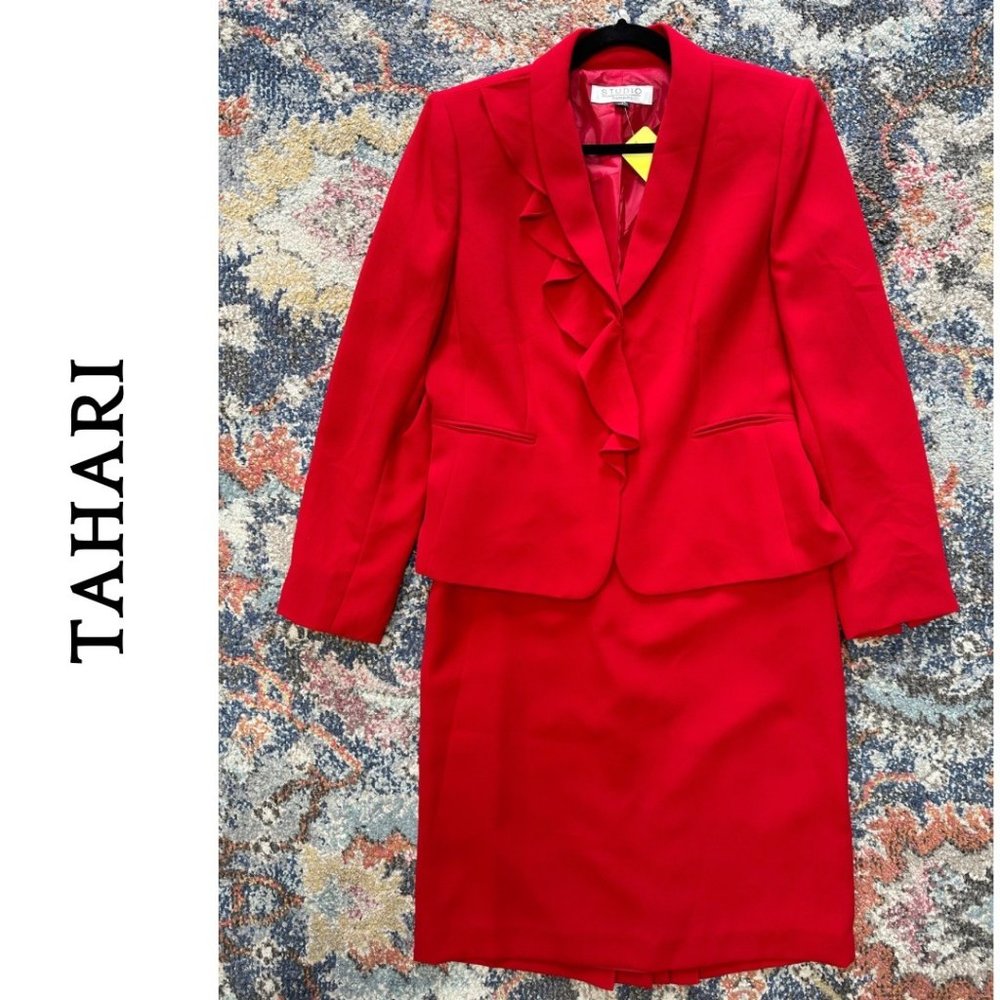 Women’s Tahari Studio Red Suit Jacket & Skirt Ruffle … Gem